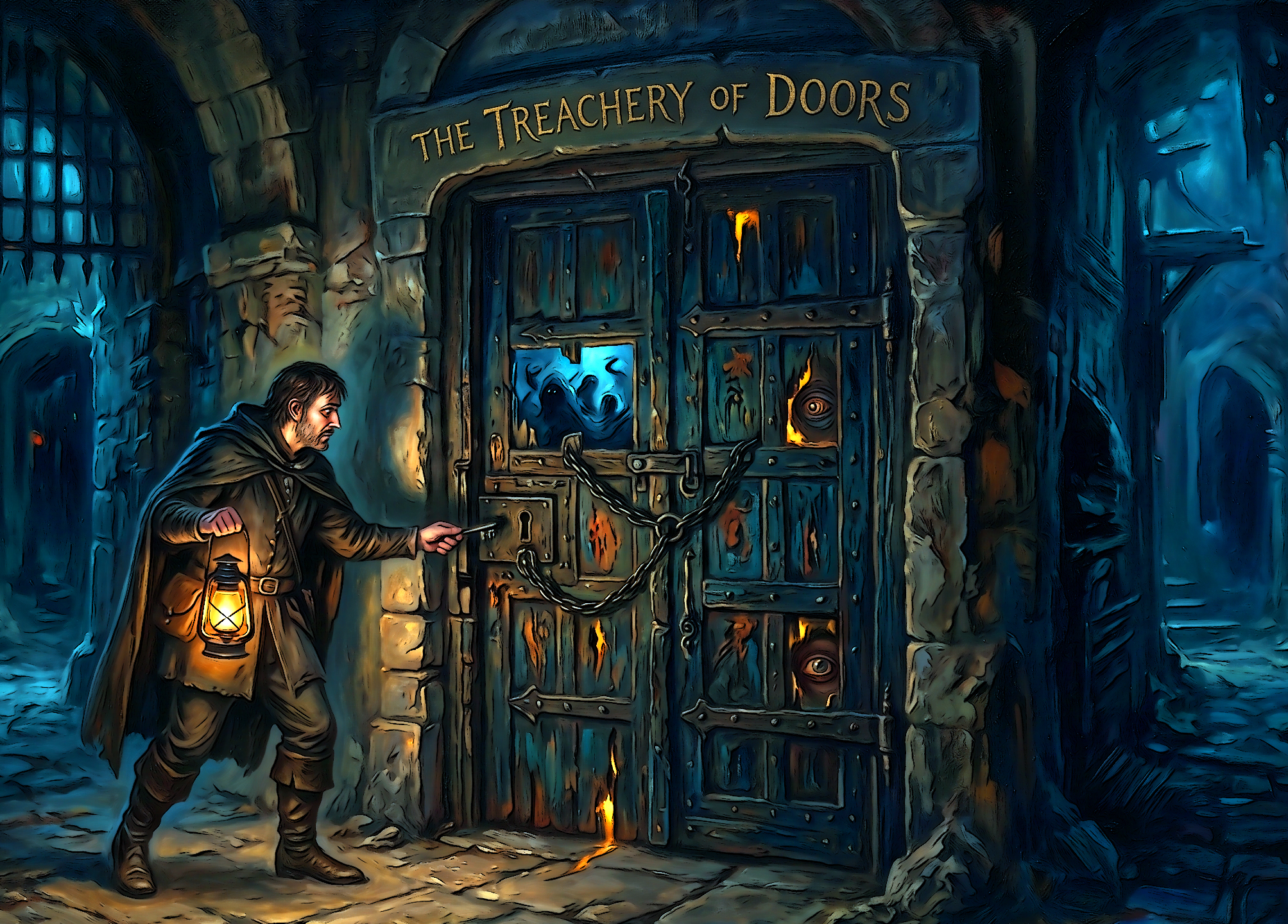 A furtive man looking surprising like Sean Bean hesitates in front of a chained door. What lurks behind?